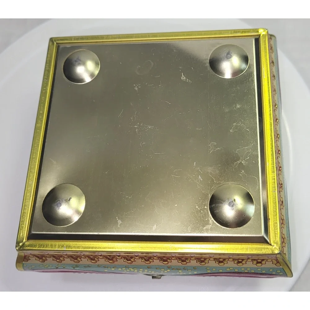 Trinket Box Teal Gold Embossed Rose Metal Tin Vintage Victorian Cottagecore